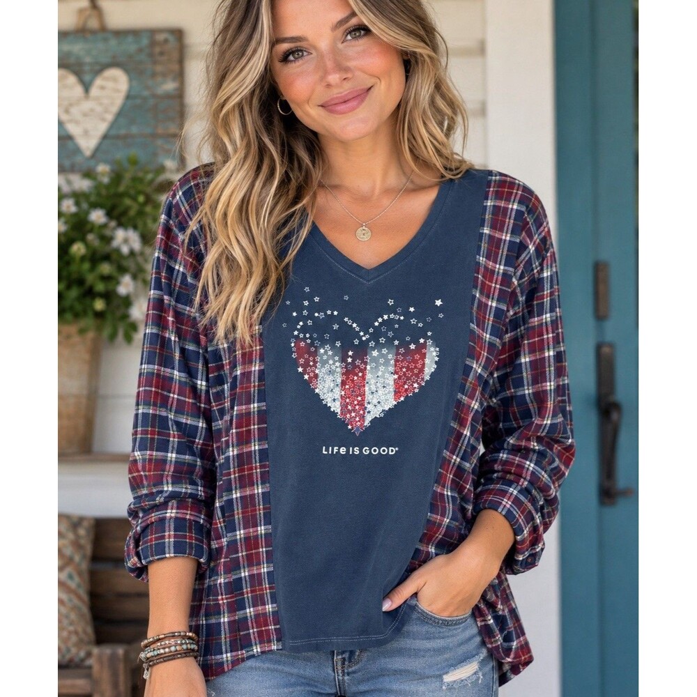 Upcycled Life Is Good Flannel Shirt – Patriotic Heart Graphic – Women’s Medium